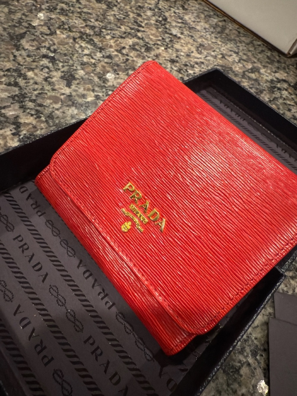 Prada Red Leather Trifold Wallet with Gold Foil Logo